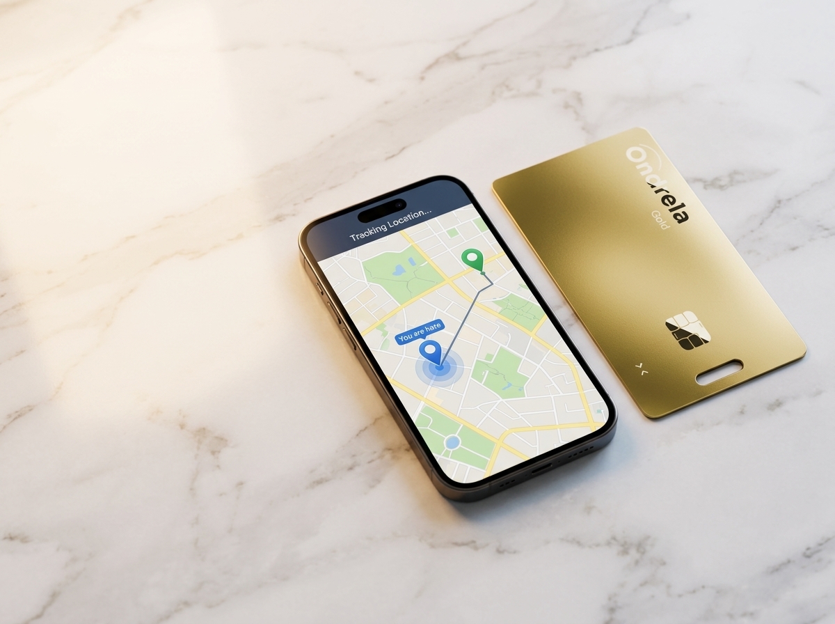 Ondrela Gold tracker card beside a phone showing its location on a map