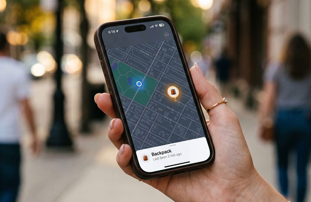 Phone showing a tracked backpack location on the map