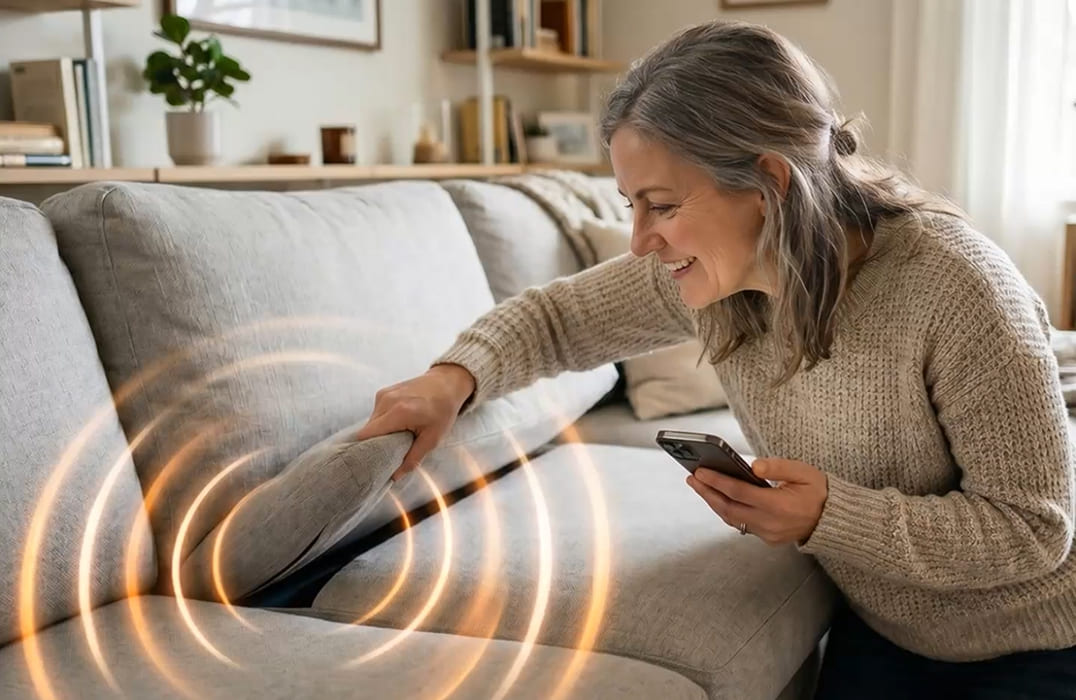 Woman finding the ringing card between couch cushions