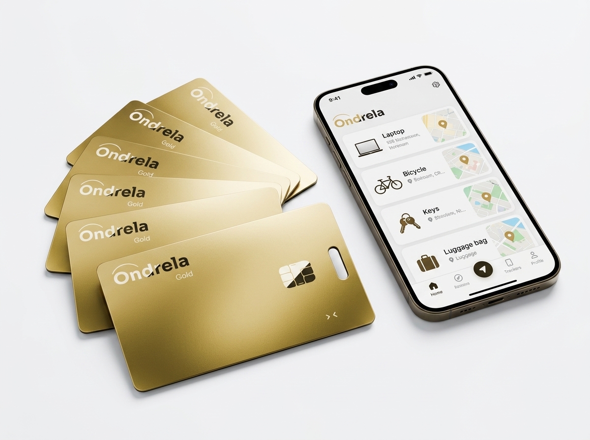 Bundle of Ondrela Gold tracker cards with phone